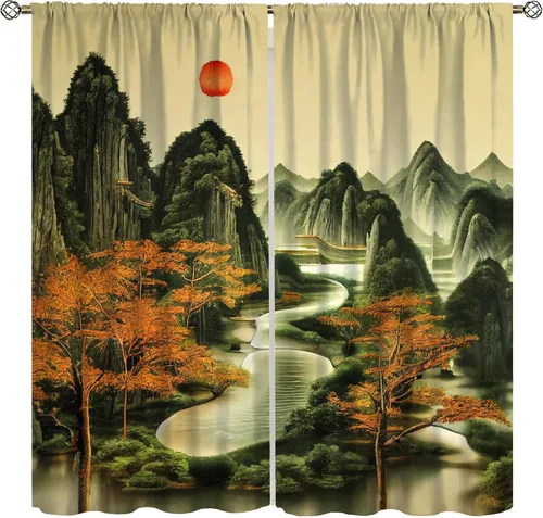 Vista 12 de Cortina asiática, flor de cerezo japonés, montañas brumosas de ciruelo rojo asiático, pintura de tinta tradicional, paisaje chino oriental