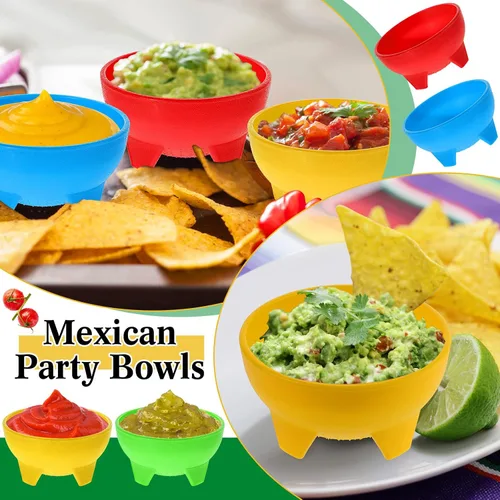 Vista 3 de meekoo Cuencos de salsa mexicanos multicolor de 4.5 pulgadas de diámetro, vajilla mexicana de plástico para tacos, dulces, chips, aperitivos