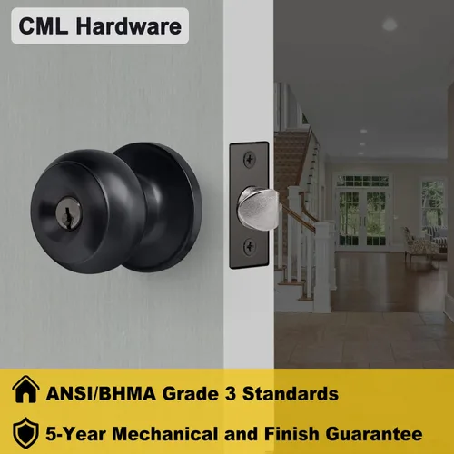 Vista 8 de CML Hardware Pomo de puerta de entrada con llave negra mate para uso exterior e interior, mango redondo de bola de acero inoxidable