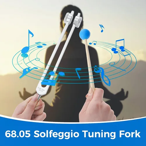 Vista 2 de 68.05 Solfeggio Tuning Fork para curación, con bolsa de martillo de silicona para sonido, meditación, equilibrio de chakras, instrumento musical