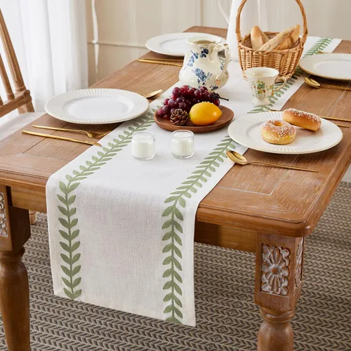 Vista 3 de Camino de mesa bordado de estilo rústico, 13 x 36 pulgadas, caminos de mesa irregulares de hojas de sauce de 36 pulgadas de largo para decoración