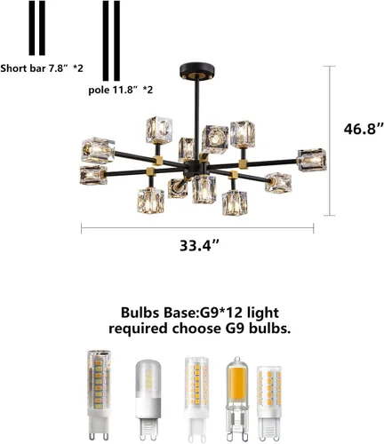 Vista 9 de Candelabro de Cristal Negro, Lámparas de Araña Sputnik con 12 Luces, Lámpara de Techo Moderna Ajustable en Altura Semiempotrada para Comedor, Isla