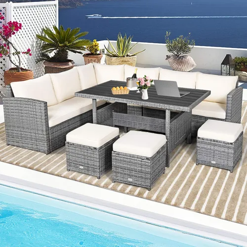 Vista 2 de HAPPYGRILL Juego de muebles de mimbre de ratán de 7 piezas, juego de muebles de patio al aire libre con cojines, juego de sofá de ratán con mesa