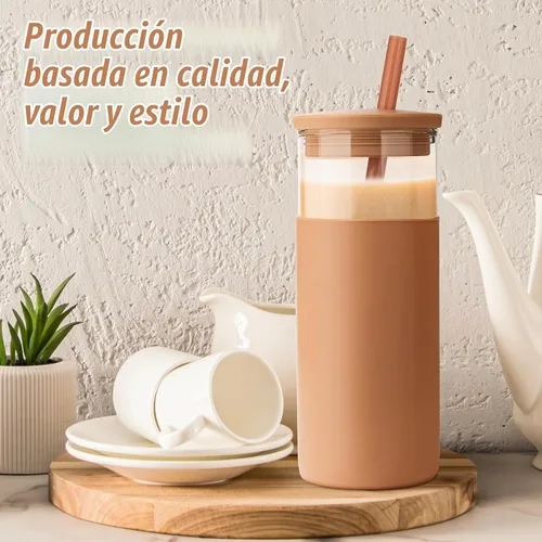 Vista 9 de Tronco Vaso de vidrio de 20 onzas con tapas y pajitas, vasos reutilizables para batidos con tapa de silicona, taza de café helado con funda Negro