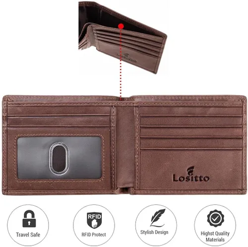 Vista 2 de Lositto Cartera de cuero de grano superior con bloqueo RFID para hombres, excelente como plegable de viaje