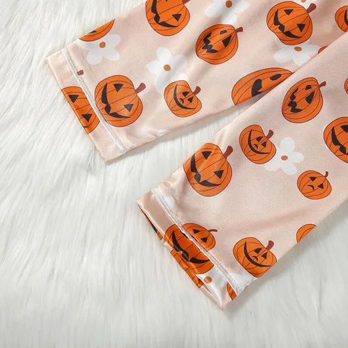 Vista 6 de Pijamas de Halloween para niños y niñas pequeñas, pijamas de seda de calabaza, manga larga, con botones, pantalones y 2 piezas