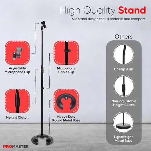 Vista 2 de The Promaster - Soporte de micrófono de base redonda, portátil y ajustable con compatibilidad universal, soporte de metal para micrófono de calidad