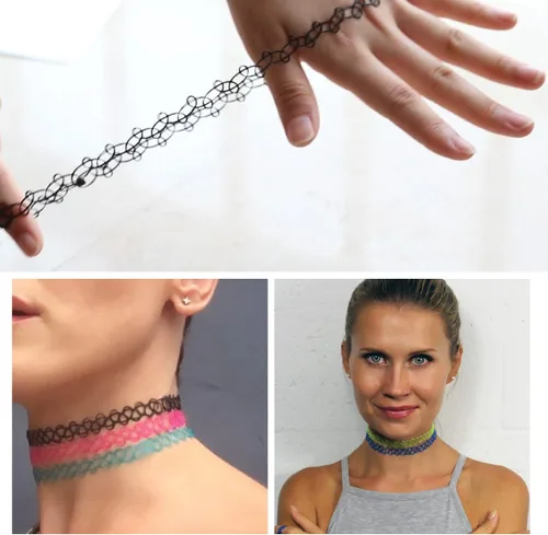 Vista 29 de BodyJ4You Juego de 12 gargantillas elásticas estilo tatuaje, accesorios y joyería de los años 90 y 2000, rosado, azul, verde, colorido, arcoíris