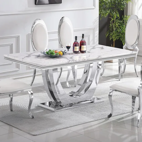Vista 22 de Mesa de comedor de mármol negro para 4, 6, 70 pulgadas, moderna mesa de comedor de cocina dorada con base de acero inoxidable con diseño