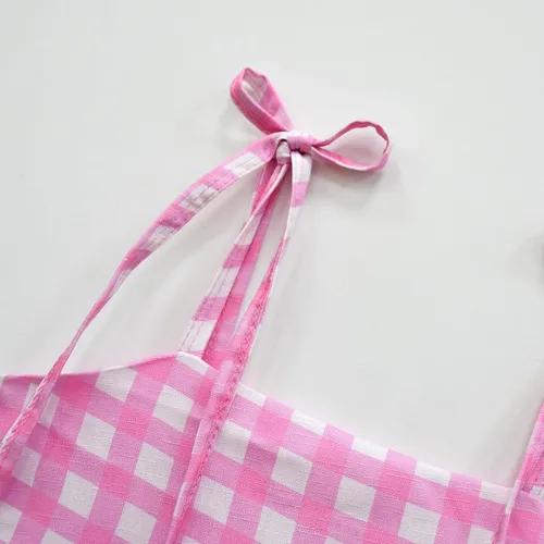 Vista 4 de Vestido a cuadros rosa para niñas, disfraces de cosplay con accesorios de 4 a 14 años