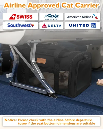 Vista 2 de PETUX - Transportador de mascotas aprobado por aerolíneas para gatos pequeños de hasta 12 libras, color negro 17x11x9.5 in, Underseat, Top & Side