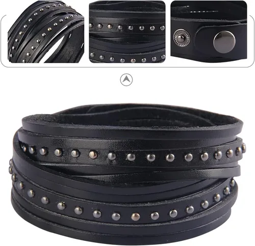 Vista 4 de GelConnie Pulsera de Cuero con Abrazadera para Hombres y Mujeres, Pulsera Vikinga de Cuero Gruesa, Pulseras de Cuero para Hombres, Pulsera