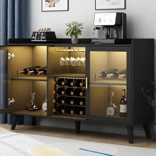 Vista 7 de Auromie Armario de bar de vinos con luz LED, gabinete de café para el hogar con estante para vino y vidrio, aparador de cocina con estantes de Negro