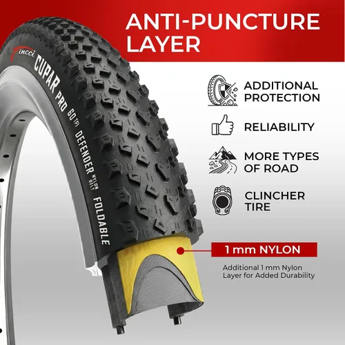 Vista 2 de Fincci Foldable 26x2.10 Mountain Bike Tires - 26 Inch Bike Tires with 1mm Nylon Puncture Proof - Black Kevlar 26 Bike Tyre 60 TPI with Cross Country