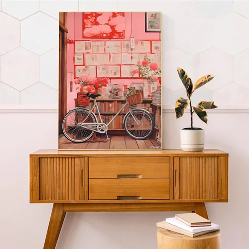 Vista 3 de IZTAWEY Arte de pared retro preppy de los años 90, impresiones artísticas de libros de bicicleta rosa, póster de arte Y2k femenino estampado
