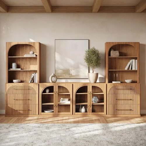 Vista 66 de BELLEZE Centro de entretenimiento modular de 4 piezas con almacenamiento, 2 vitrinas de madera moderna con gabinete arqueado y 2 armarios de puerta