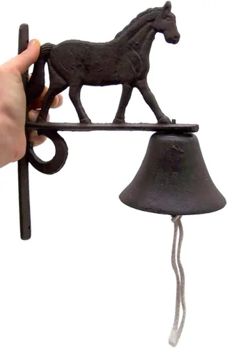 Vista 6 de Campana de cena de caballo, campana de hierro fundido para montar en la pared con adorno para caballo, decoración rústica de granero ecuestre