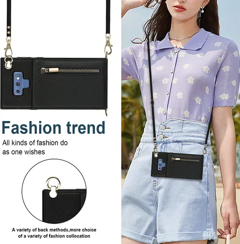 Vista 4 de Funda para teléfono Samsung Galaxy Note 9 con correa cruzada, tarjetero de cuero, ranuras de crédito, soporte magnético, accesorio para celular