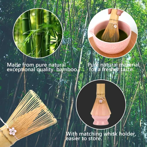Vista 3 de Juego de batidor de matcha, juego de matcha de cerámica incluye cuenco matcha, batidor de bambú y soporte, cuchara de bambú, soporte para cucharas