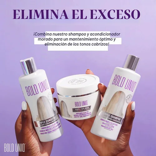 Vista 8 de Bold Uniq Mascarilla morada para el cabello rubio, platino, decolorado, plateado, gris, ceniza y cobrizo. Elimina los tonos amarillos y acondiciona
