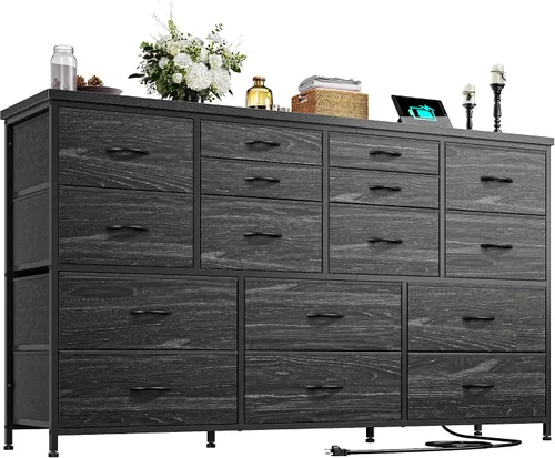 Vista 9 de Romorgniz Cómoda para dormitorio con 16 cajones de tela, cómoda larga con estación de carga, soporte de TV para televisor de 60" cómodas y cajoneras