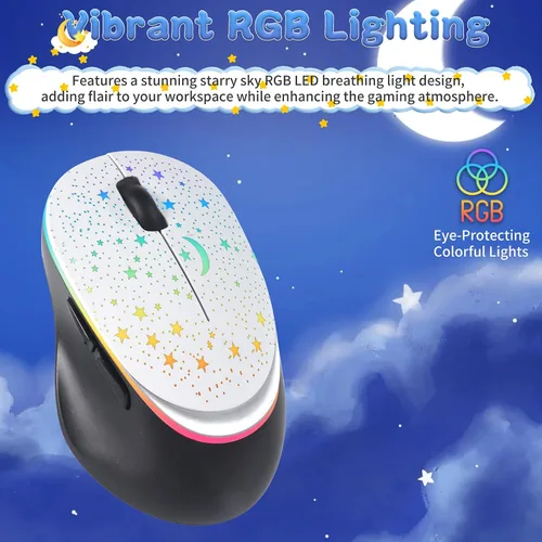 Vista 2 de elec Space Ratón inalámbrico Bluetooth con retroiluminación RGB de cielo estrellado y luz de respiración degradada, mouse ergonómico recargable