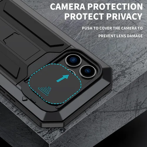 Vista 2 de Simicoo Funda compatible con iPhone 14 con protector de cámara de pantalla con función atril, resistente al agua, de metal militar, resistente