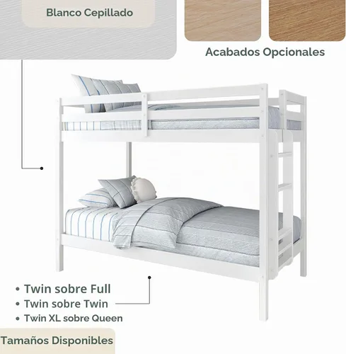 Vista 6 de Grain & Grove - Litera de dos camas con oso, estructura de litera resistente para niños, litera de madera contrachapada con escalera, barandilla