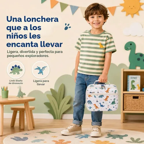 Vista 3 de LOIDOU Lonchera para niños y niñas, bolsa térmica con aislamiento térmico y reutilizable, para viajes escolares (dinosaurio)