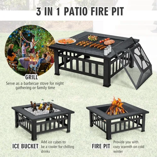Vista 5 de Giantex Pozo de fuego para exteriores de 32 pulgadas, mesa cuadrada 3 en 1, fogata multifuncional para patio exterior, porche, jardín, estufa