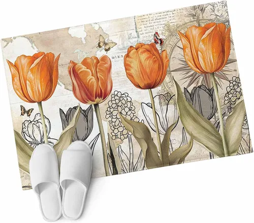 Vista 9 de 2x3 Area Rugs, Orange Flower Non Slip Area Rugs for Living Room, Bedroom, Barhroom, Entryway, Watercolor Retro Tulip Floral Butterfly Soft Kitchen