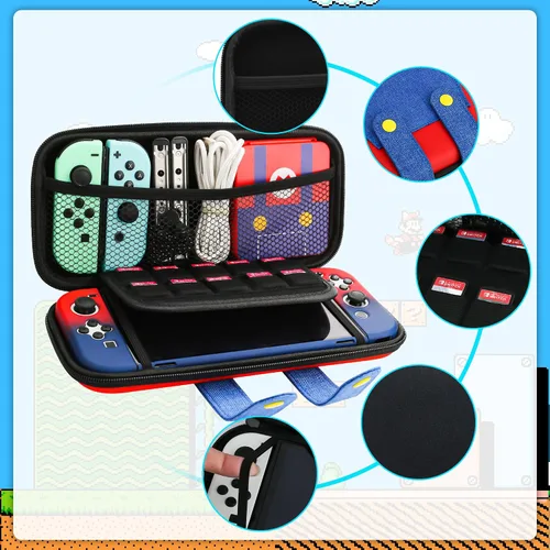Vista 2 de GLDRAM Carrying Case of Mario Theme for Nintendo Switch OLED, Portable Switch Travel Accessories Bundle with Red & Blue Gradient OLED PC Protective
