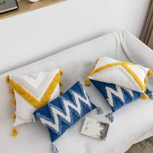Vista 2 de vctops Fundas de almohada con bordado geométrico de 18 x 18 pulgadas, lona de algodón tejida con borlas, decoración del hogar