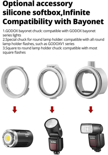 Vista 2 de GODOX ML-CS1625 Softbox Kit de cúpula de difusión con 3 adaptadores, difusor plegable para GodoxV1 Serie V1 ML30 ML60BI AD200PRO AD300PRO 400PRO V