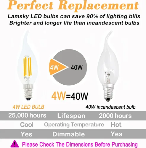 Vista 4 de Bombilla LED E14 con base europea de 4 W, bombillas LED regulables equivalentes a 40 W, bombillas LED con punta de llama, 110 V 2700 K, blanco