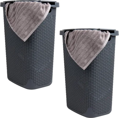 Vista 21 de Mind Reader Cesta de lavandería delgada con tapa, cesta de ropa de 60 L, diseño de mimbre premium, plástico, azul bebé