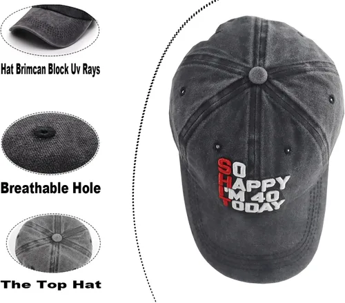 Vista 3 de So Happy I'm 40 Today - Gorra de béisbol para hombres y mujeres, ajustable, bordado, de algodón, vintage, para cumpleaños 40