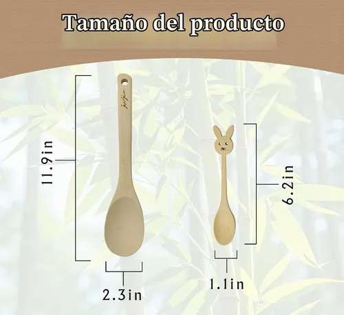 Vista 5 de Juego de utensilios de cocina de madera de bambú de 14 piezas, 6 herramientas de cocina resistentes al calor antiarañazos con agujeros
