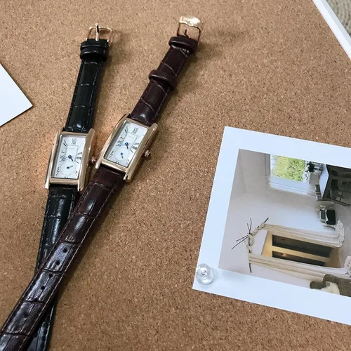 Vista 4 de Reloj de cuarzo para mujer Carlien, elegante reloj de vestir rectangular con correa de cuero y corona de cristal azul Rosa Negro