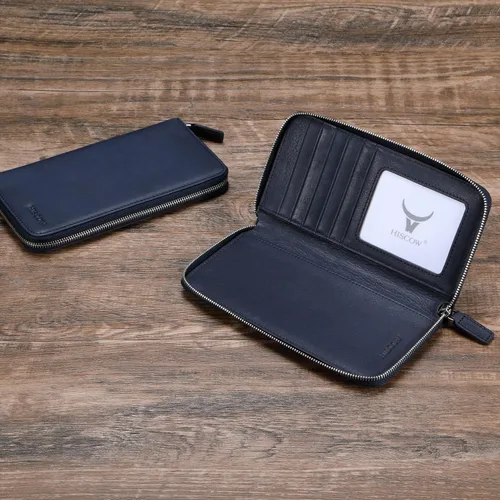 Vista 2 de HISCOW Funda de cuero para chequera, billetera con cremallera, color azul Aniline Cuero Azul