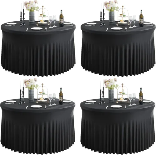 Vista 52 de Paquete de 6 manteles redondos de elastano azul bebé para mesa de 60 pulgadas, manteles elásticos de 120 pulgadas ajustables de 5 pies, manteles