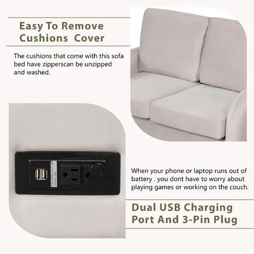 Vista 3 de Sofá cama extraíble, sofá biplaza 2 en 1 con colchón de espuma plegable, sofá cama extraíble de terciopelo con puerto de carga USB y enchufe de 3
