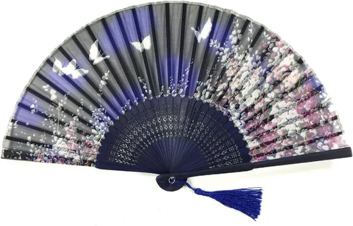 Vista 8 de Wrapables® Ventilador plegable de mano de seda con borla y funda protectora, flores de cerezo azul