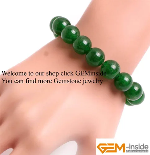 Vista 4 de GEM-Inside - Pulsera de jade verde con cuentas de 0.472 in, hilo elástico, joyería de moda, cuentas sueltas para mujer, 7.5 pulgadas