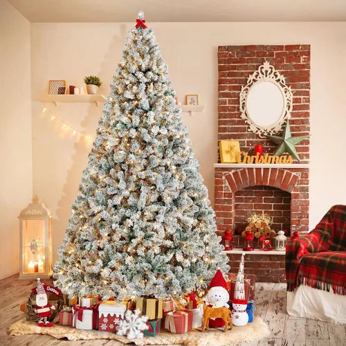 Vista 2 de Yaheetech - Árbol artificial de Navidad preiluminado de 9 pies con luces incandescentes de color blanco cálido, árbol de Navidad con flecos de Verde