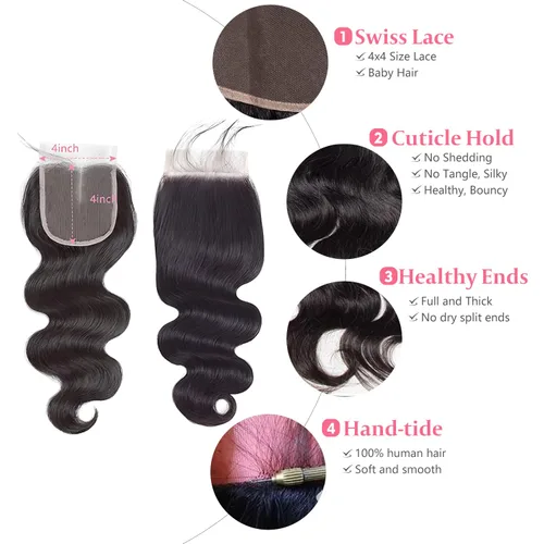 Vista 2 de Pelucas de cabello humano con cierre de encaje 4x4, onda corporal, cierre de encaje transparente, parte libre, 100% cabello humano brasileño virgen