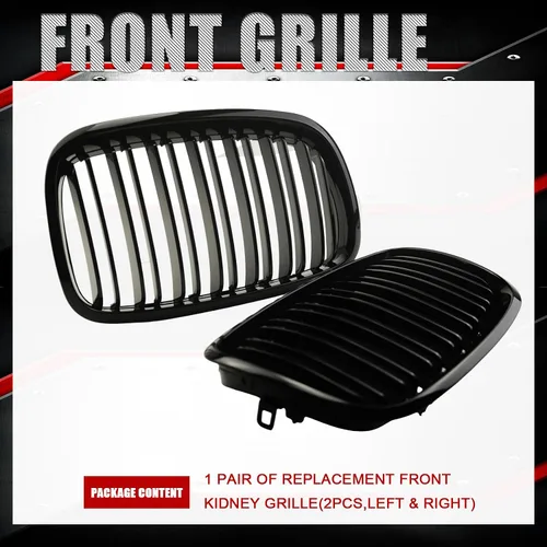 Vista 2 de Rejilla frontal de riñón compatible con BMW X5 E70 2007-2013 X6 E71 2008-2014, rejilla ABS de doble ranura en negro brillante, 2 piezas