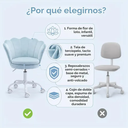 Vista 3 de Silla de escritorio para niños, silla de estudio ergonómica ajustable Silla giratoria tapizada de terciopelo para niños, silla de computadora Azul