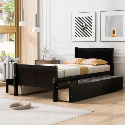 Vista 26 de Cama de plataforma de madera de tamaño individual con cabecera en forma de casa, soporte de listones de madera, para dormitorio de niños, niñas
