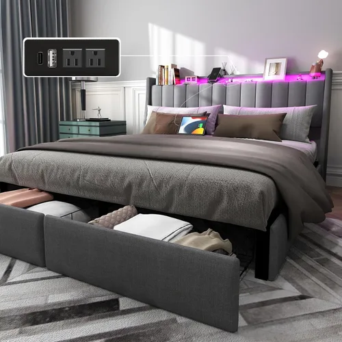Vista 15 de UINTAI Marco de cama tamaño completo con cabecero y 4 cajones de almacenamiento, cama de plataforma metálica tapizada con respaldo abatido y luces